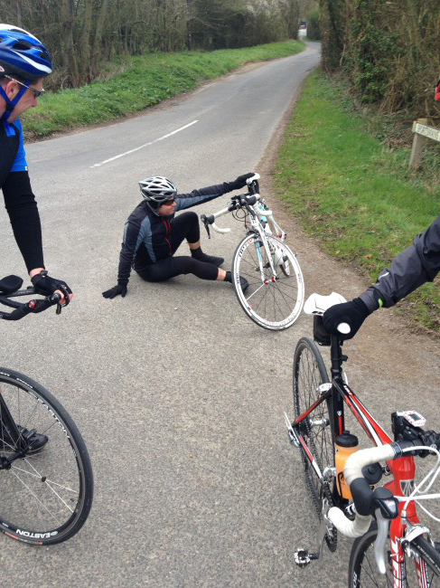Aron crashes during a bike ride practice for his London to Paris charity trek