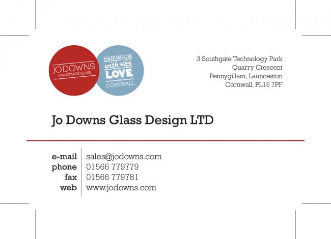 Tarjetas de visita laminadas mate impresas por Solopress para Jo Downs Handmade Glass