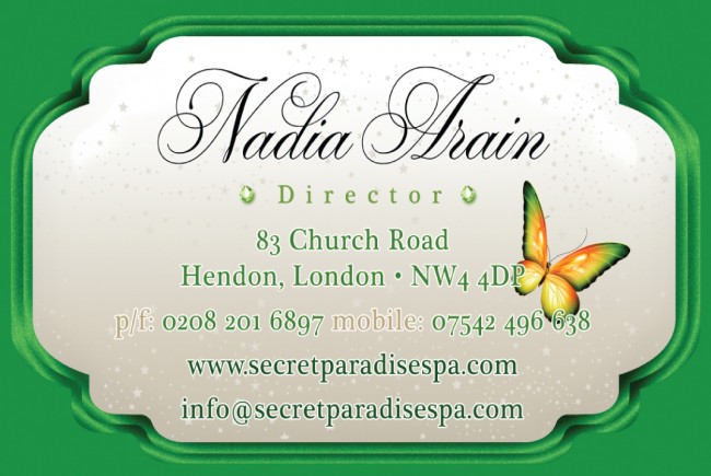 A Solopress imprimiu e cortou estes cartões de visita em seda de 400 g/m² para o Secret Paradise Spa em Londres