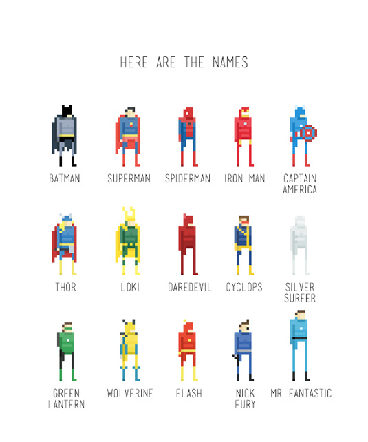 Diseños de personajes de superhéroes de 8 bits