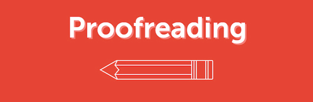 Featured image for 'proofread' blog - red background, white font and image of a pencil with the font saying 'proofreading
