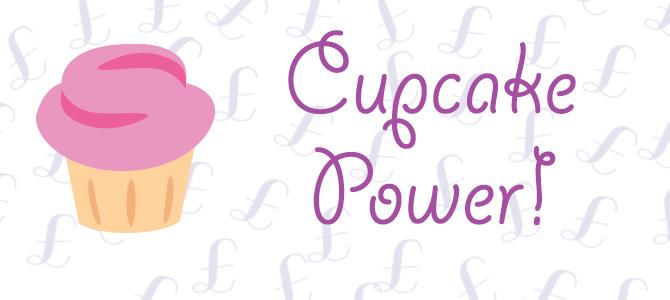 Banner de la entrada del blog: imagen de una magdalena con un fondo de carteles de £ con la inscripción "cupcake power" en púrpura.