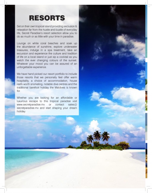 La page intérieure de la brochure Secret Paradise montre une belle plage dans un endroit tropical.