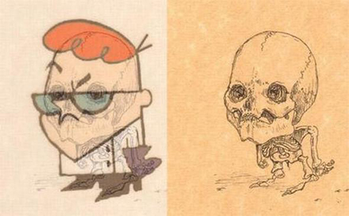 Dessin humoristique de Dexter dans "Dexter Laboratory" et de son squelette