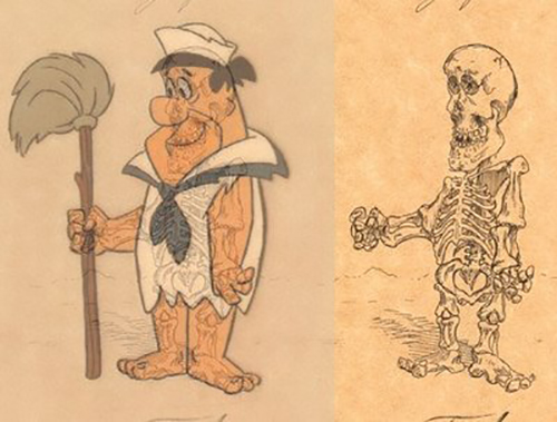 Schizzo a fumetti di Fred di The Flinstones e di come sarebbe in realtà il suo scheletro sottostante