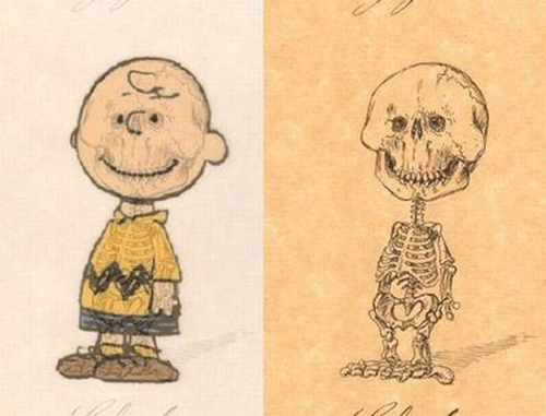 Een lachende Charlie Brown poseert in vlees en bloed
