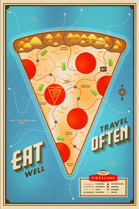 Postal de inspiração possivelmente italiana de uma fatia de piza gigante denominada "pizzaland