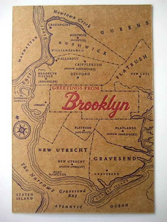 Postcard of Brooklyn's map with letterpress design. 