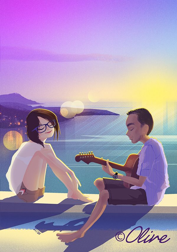 Postal romântico com o pôr do sol e um jovem a tocar guitarra para uma jovem com vista para uma bela baía. 