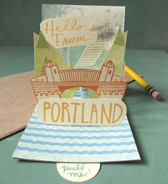 3D pop up postcard by Man vs Ink shows a 3D drawn postcard of Portland