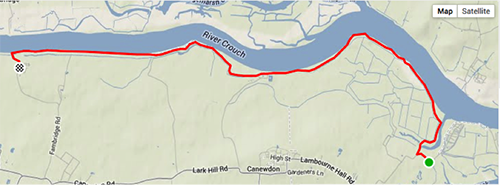 Vista satelital de la ruta recorrida desde Wallasea Island hasta South Fambridge Walk