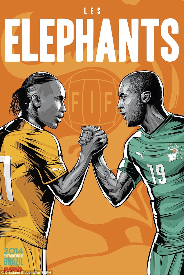 FIFA-Wereldkamp-2014-Didier-Drogba-Yaya-Toure-Ivory-Coast-Voetbal-Poster