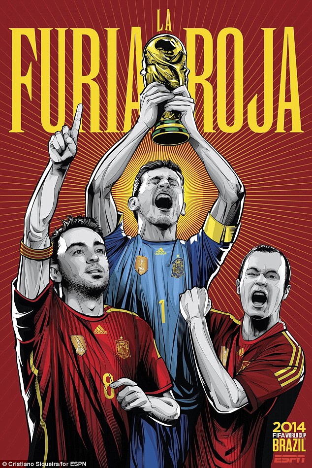 FIFA-2014-Coppa del Mondo-Spagna-Iker-Casillas-Xavi-Andres-Iniesta-Trofeo-Spagna-Poster