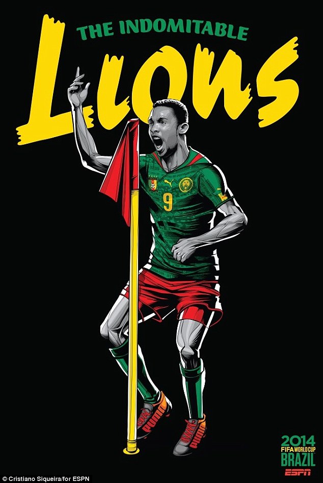 Coppa del Mondo FIFA-2014-Camerun-e-Chelsea-striker-Samuel-Eto-dancing-round-flag-football-poster