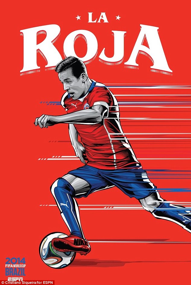 FIFA-Copa del Mundo-2014-Chile-y-Barcelona-futbolista-Alexis-Sánchez-corre-con-el-balón-póster