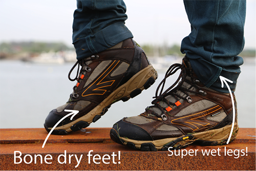 Hi-Tec v-lite mens waterproof hiking boots keep the feet dry but not our legs!