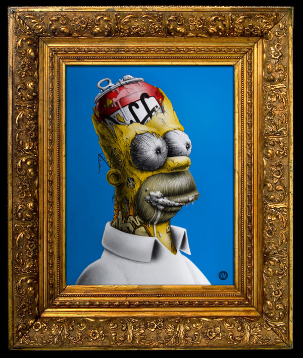 Homer Simpson Duff Beer schets ingekleurd en opgehangen aan muur in gouden frame