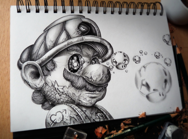 Schets van een niet zo vrolijk ogende Mario uit Super Mario Brothers met een schildpad als hoed, kleine Toad-hoofden die uit zijn ogen komen en een huid van baksteen.