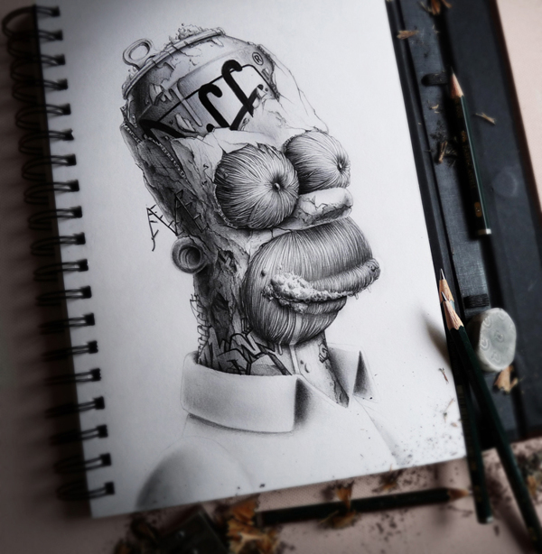 Graphic artwork created with lead pencil of Homer Simpson with an open skull made of Duff bear 