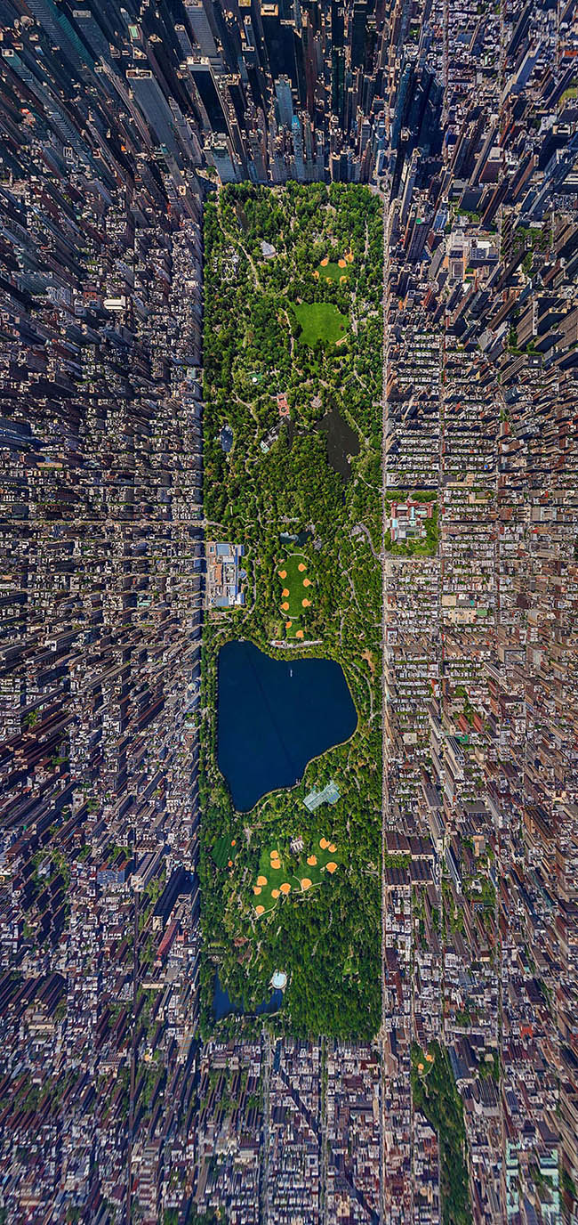Vogelvlucht's eye view van Central Park in New York City, Amerika door de Russische fotograaf Sergey Semenov