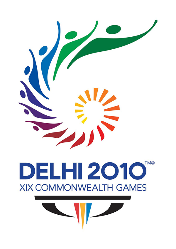 Logo for the Commonwealth Games in Delhi 2010 is on a white background with a spiral made up of multicoloured people