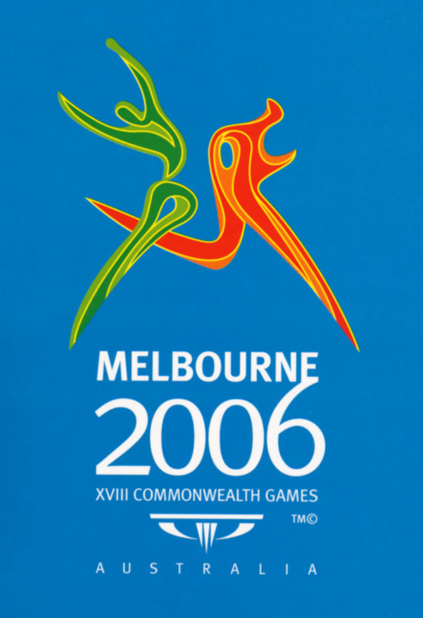 Official logo for The Commonwealth Games in Melbourne 2006 has a light blue background and two sharp figures amidst in sport