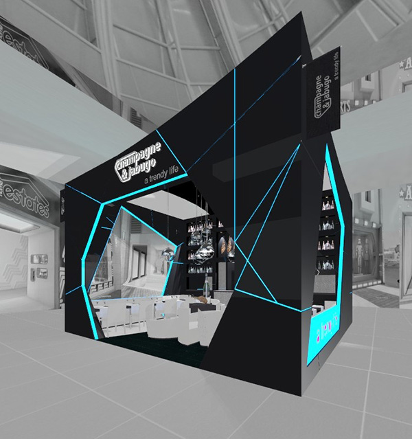 Quirky ultra-blue and black 'champagne and jubugo' exhibition stand has sharp lines and modern, white interior
