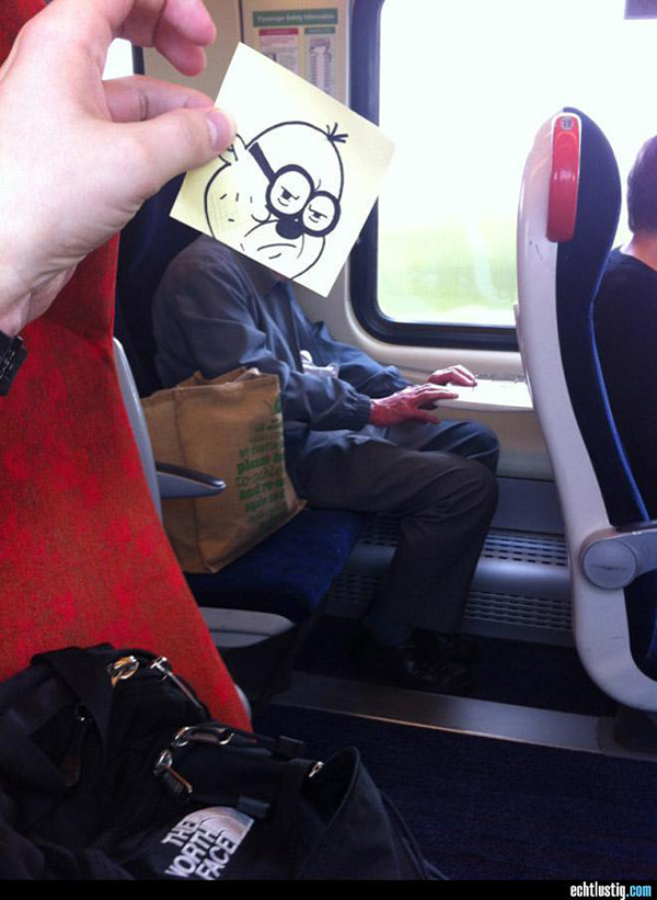 Funny sketch of a miserable cartoon on top of a old commuter on the train to work.
