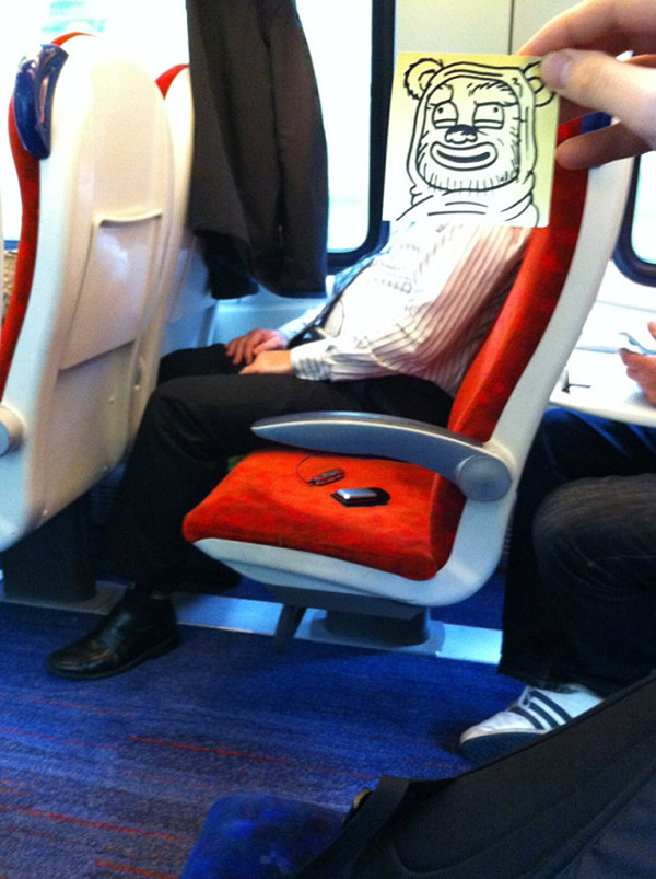 Funny sketch of an Ewok's face on a businessman commuting to work with a high expression.