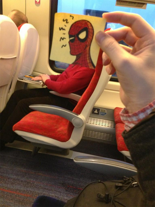 Funny image of Spider Man looking intrigued towards October Jones