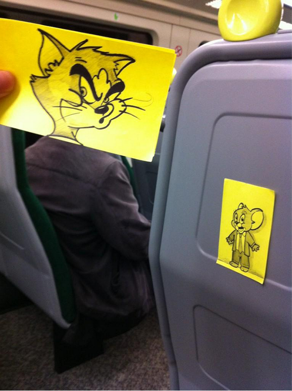 Funny sketch of Tom's head placed on an unsuspecting commuter on the train with a sticky note of Jerry hiding.