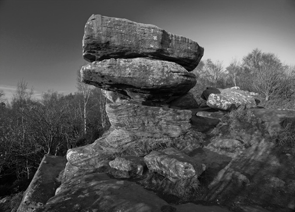 Black and white landscape photo of a rocky terrain