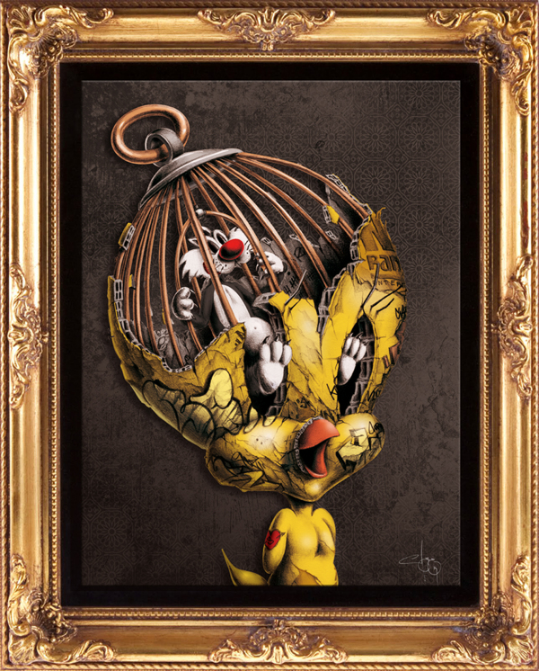 Obra de arte de Piolín hecha por PEZ Obra de arte con Silvestre en una jaula de pájaros en la cabeza