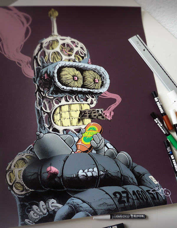 Bender di Futurama grafica colorata - Bender tiene in braccio un robot bambino che beve da una bottiglia di birra, fumando un sigaro