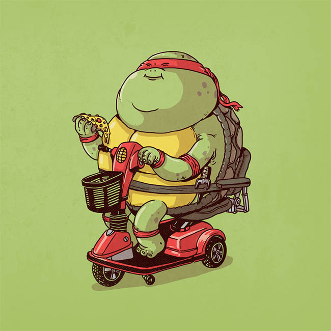 A Teenage Mutant Ninja Turtle riding a scooter and eating pizza.