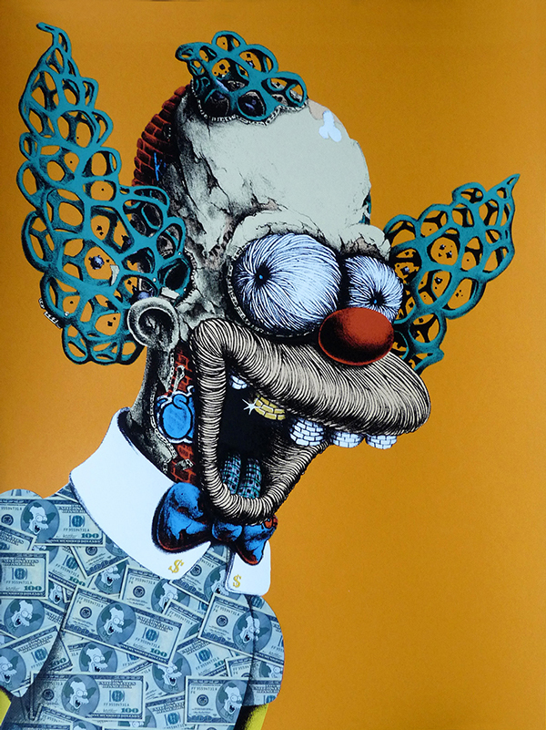 Coloured-in graphic design drawing of Krusty The Clown from The Simpsons with 1 gold tooth and shirt made of money