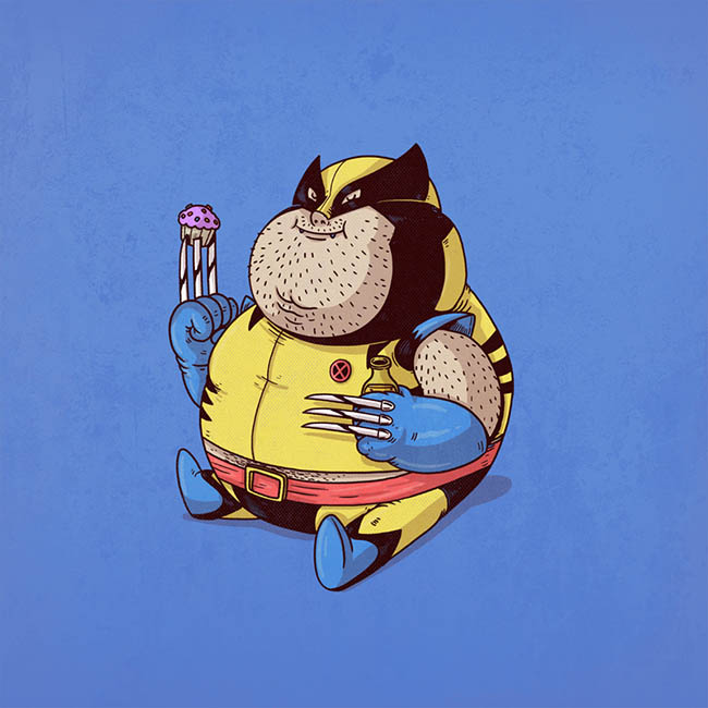 Wolverine very chubby holding a cupcake with his claws.