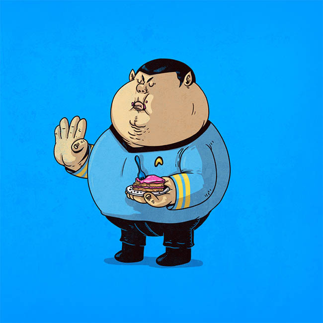 Spock schetst heel dik en eet pannenkoeken.