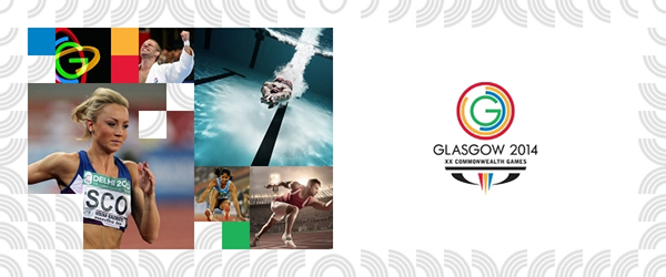 An image of 2014 Glasgow's Commonwealth Games logo and marketing banner has a white background and pixelated photos of famous athletes who are likely to be competing. 