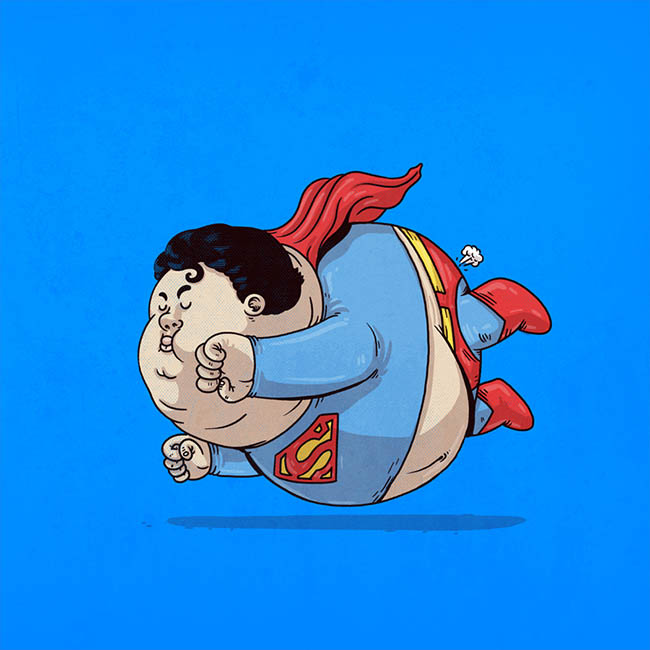Schets van Super Man die nauwelijks vliegt.