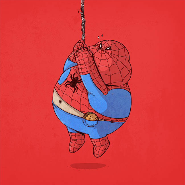Grafische ontwerpschets van een hele dikke Spiderman die in zijn web probeert te klimmen.