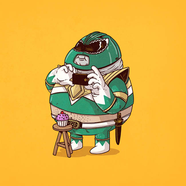 Grafische ontwerpschets van de Green Ranger die een selfie neemt met zijn cupcake.