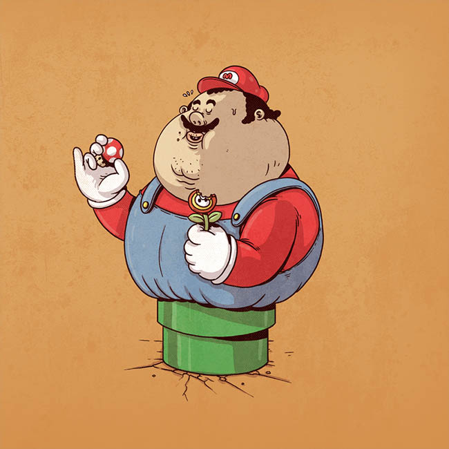 Esboço de desenho gráfico do Super Mario a comer cogumelos e flores de chupa-chupa a tentar espremer-se por um cano. 