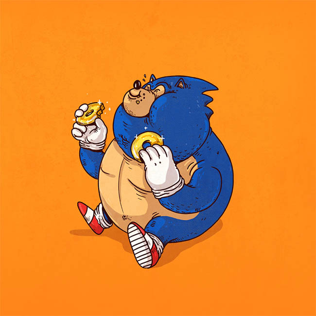 Schets van Sonic the Hedgehog die ongelooflijk groot de 'ringen' eet, wat donuts zijn.