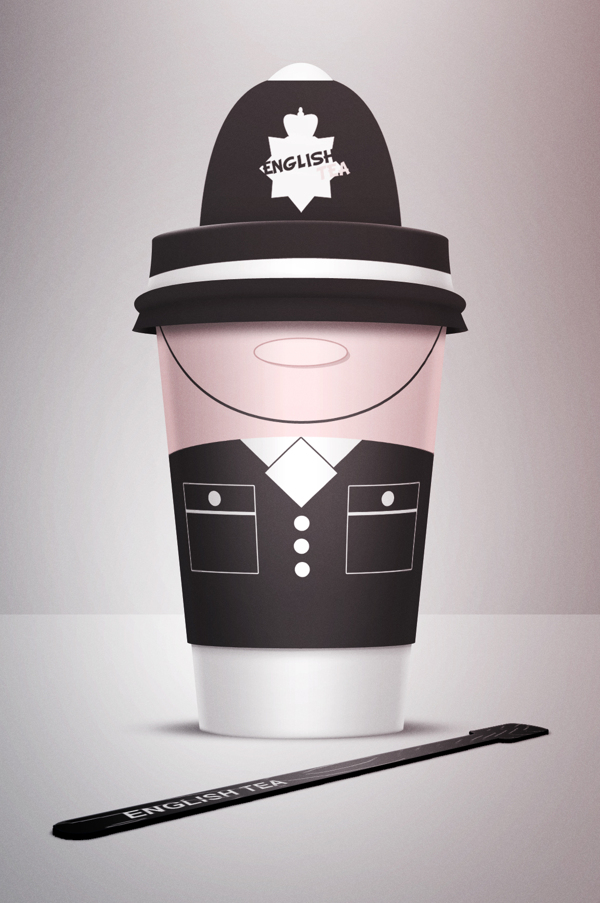 Image of the first coffee cup - 'English Tea' is of an english police officer in his black uniform. The lid is of the police hat and the cup of the body