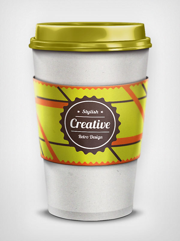 Image fixe de la tasse de café vert lime - l'étiquette autour de l'emballage est de couleur vert lime, marron et orange avec un badge indiquant "stylish creative retro design".