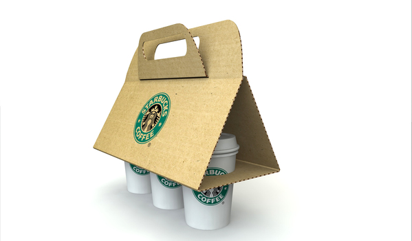 Graphic design representation of what Starbox concept will look like- the cardboard wraps up around 3 cups to form a easy-to-carry handle