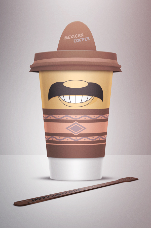 Deuxième tasse à café - "Café mexicain" - le chapeau représente un sombrero, la tasse une moustache et un sourire. 