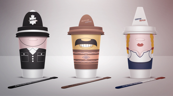 Image of 3 coffee cups next to each other - one looks like an English police officer, one looks like a Mexican wearing a Sombrero and the other is a Dutch lady wearing traditional clothes