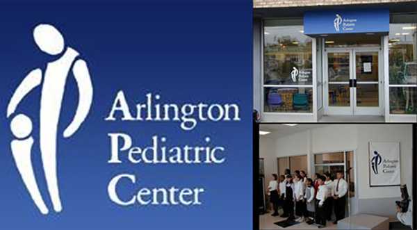 Arlington Paediatric Center - logo toont een groot mannelijk silhouet dat zijn hand legt op een klein silhouet op heuphoogte 